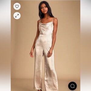 NWT Lush Perfect Night Champagne Satin Cowl Neck Culotte Jumpsuit